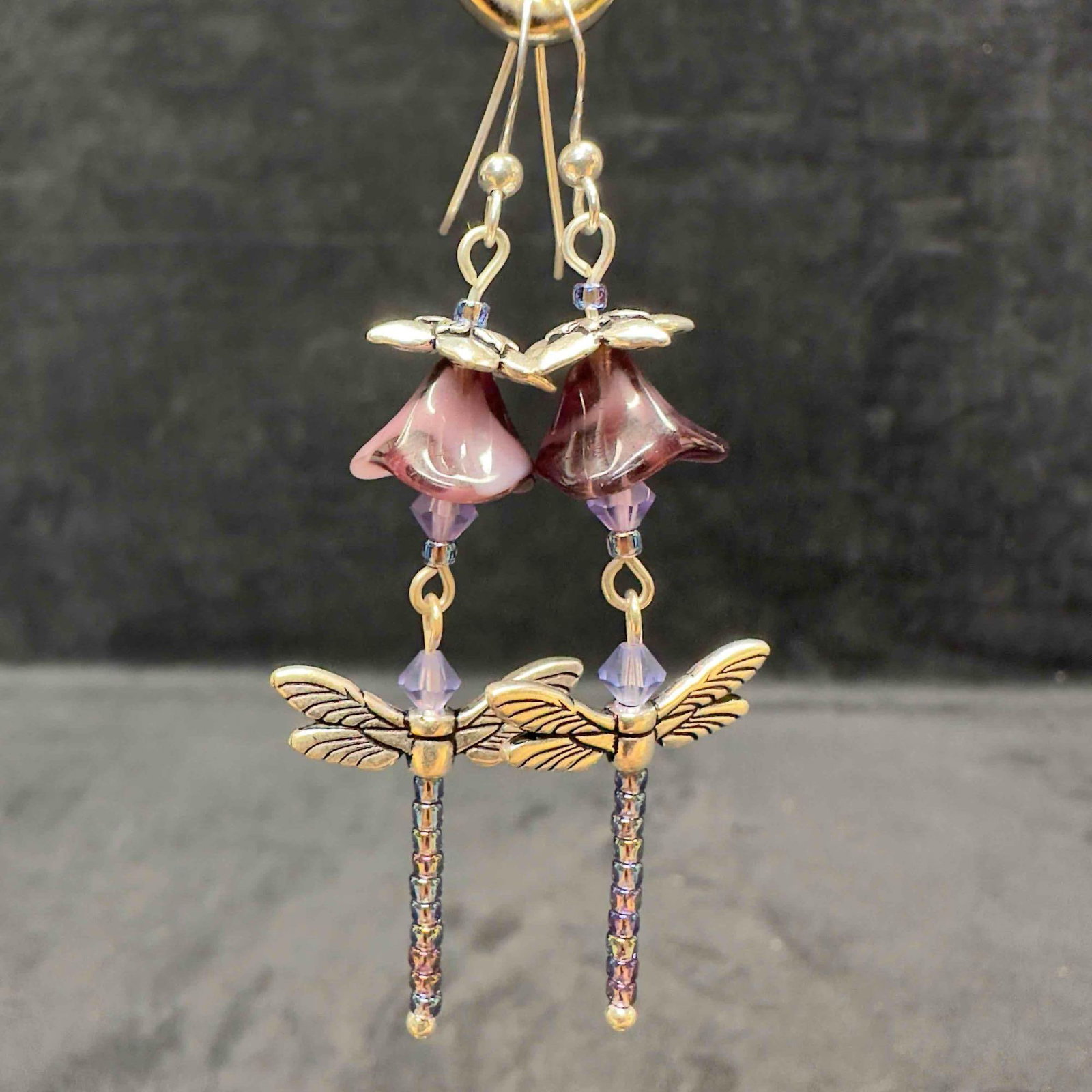 Sterling Silver Dragonfly Beaded Purple Floral Design Dangle Drop Earrings (1 of 9)