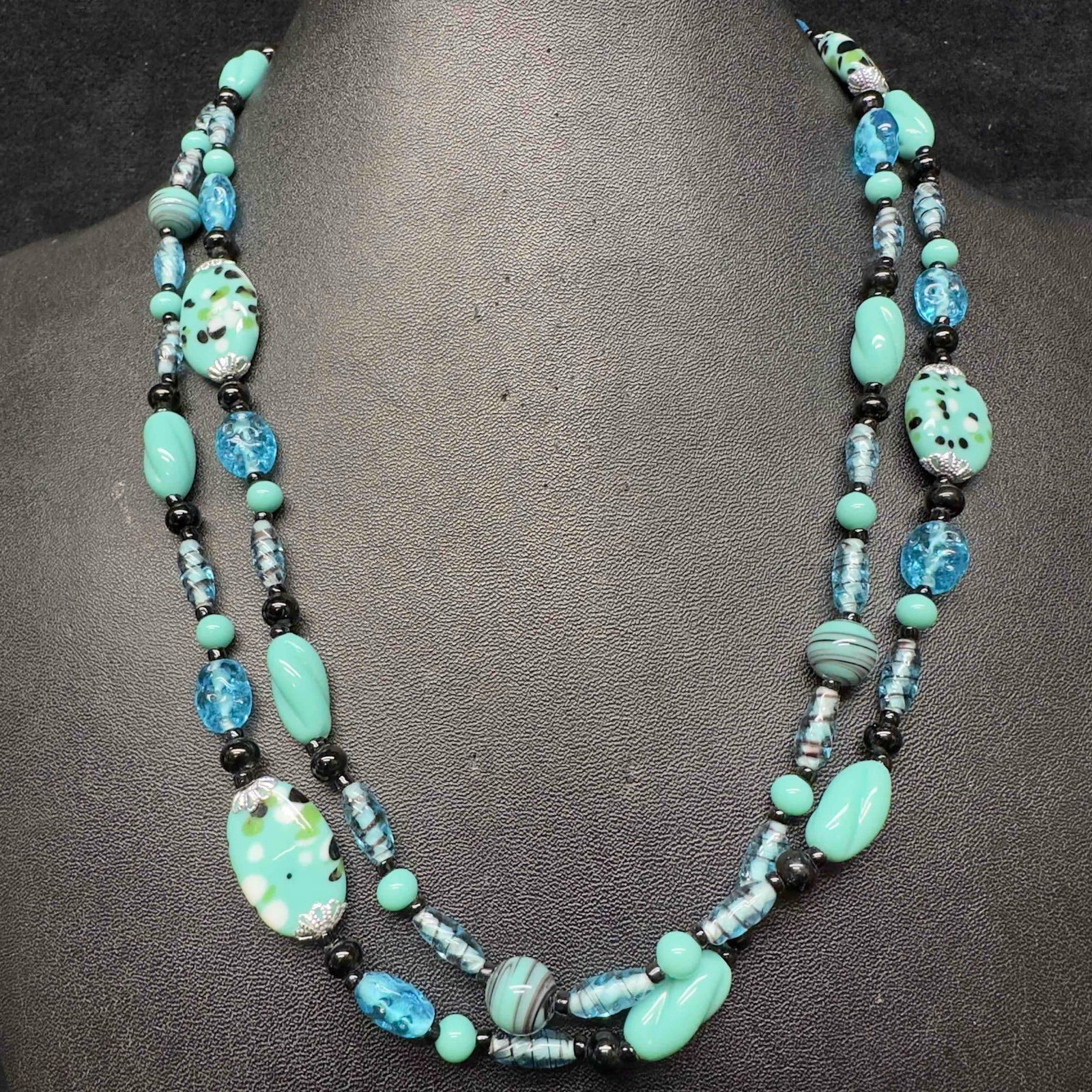 Venetian Murano Lamp Work Glass Art Black Light Blue Beaded Long Necklace E60 (1 of 9)