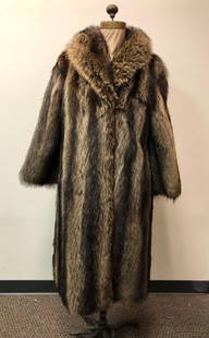 Raccoon Fur Coat Full Length Furriurs LaFlamme: Raccoon Fur Coat Full Length Furriurs LaFlamme. This coat features three metal closures with two exterior pockets. The interior of the coat is fully lined in beautiful black satin with an embroidered