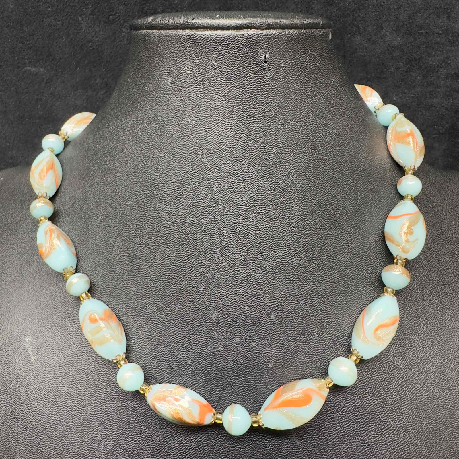 Venetian Murano Glass Lamp Work Light Blue Oval Rectangle Bead Necklace (1 of 7)