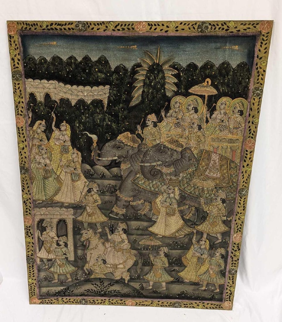 Vintage Indian Pichwai Painting On Silk: Vintage Indian Pichwai Painting On Silk. The artist and exact date of this paintings creation is unknown. This is approx 34" x 1/2" x 45" and it weighs 3.30lbs. There is some signs of wear on silk.