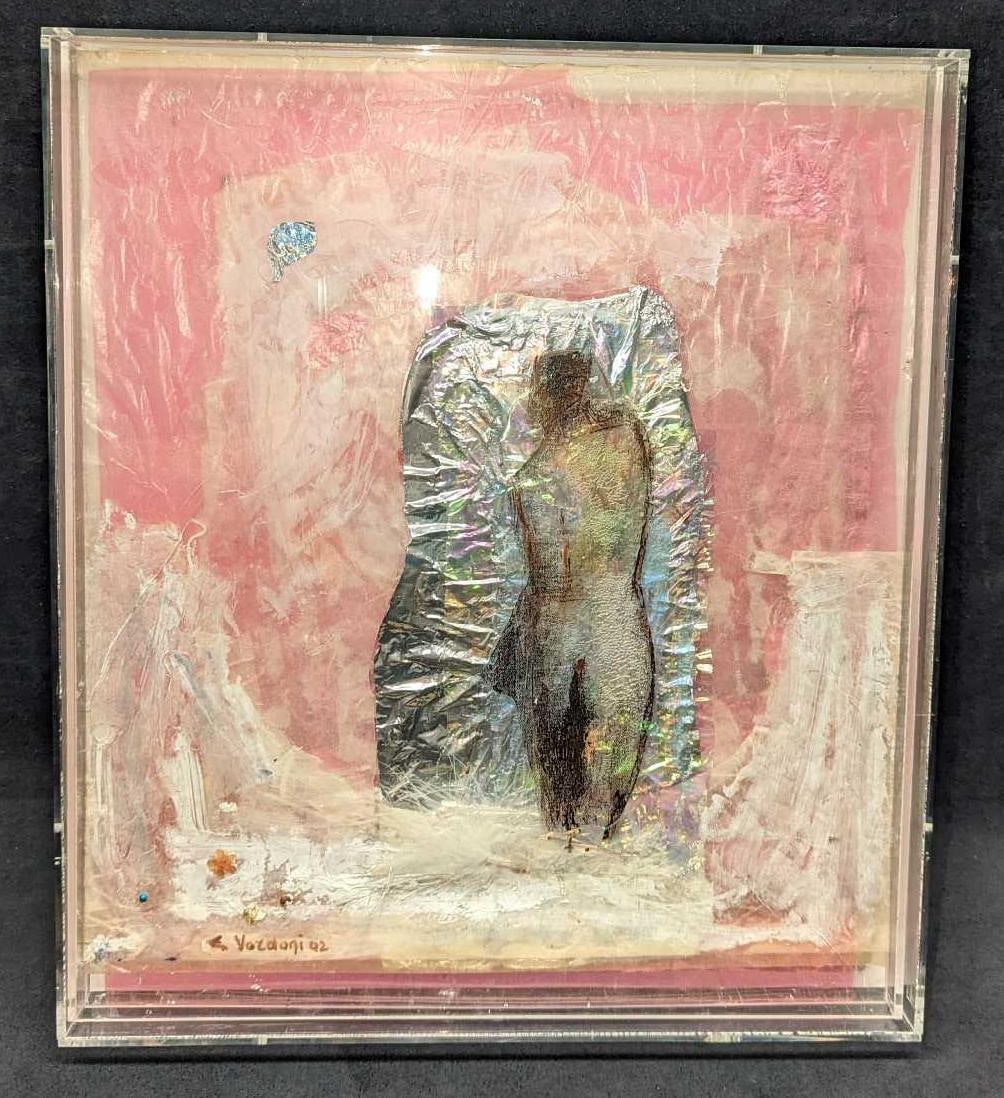 Erietta Vordoni Mixed Media Nude: Erietta Vordoni Mixed Media Nude. This is approx 14 1/4" x 2" x 16 1/4" and it weighs 6.91lbs. There is some dust between the plexy frame and original. Erietta Vordoni studied painting at 