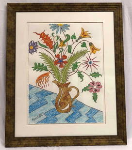 Original Pastel Drawing by Pierre H. Matisse: This lot contains an original still life pastel drawing done by Pierre H. Matisse. Pierre is the grandson of the famous French painter Henri Matisse. Pierre was largely inspired by his grandfather in