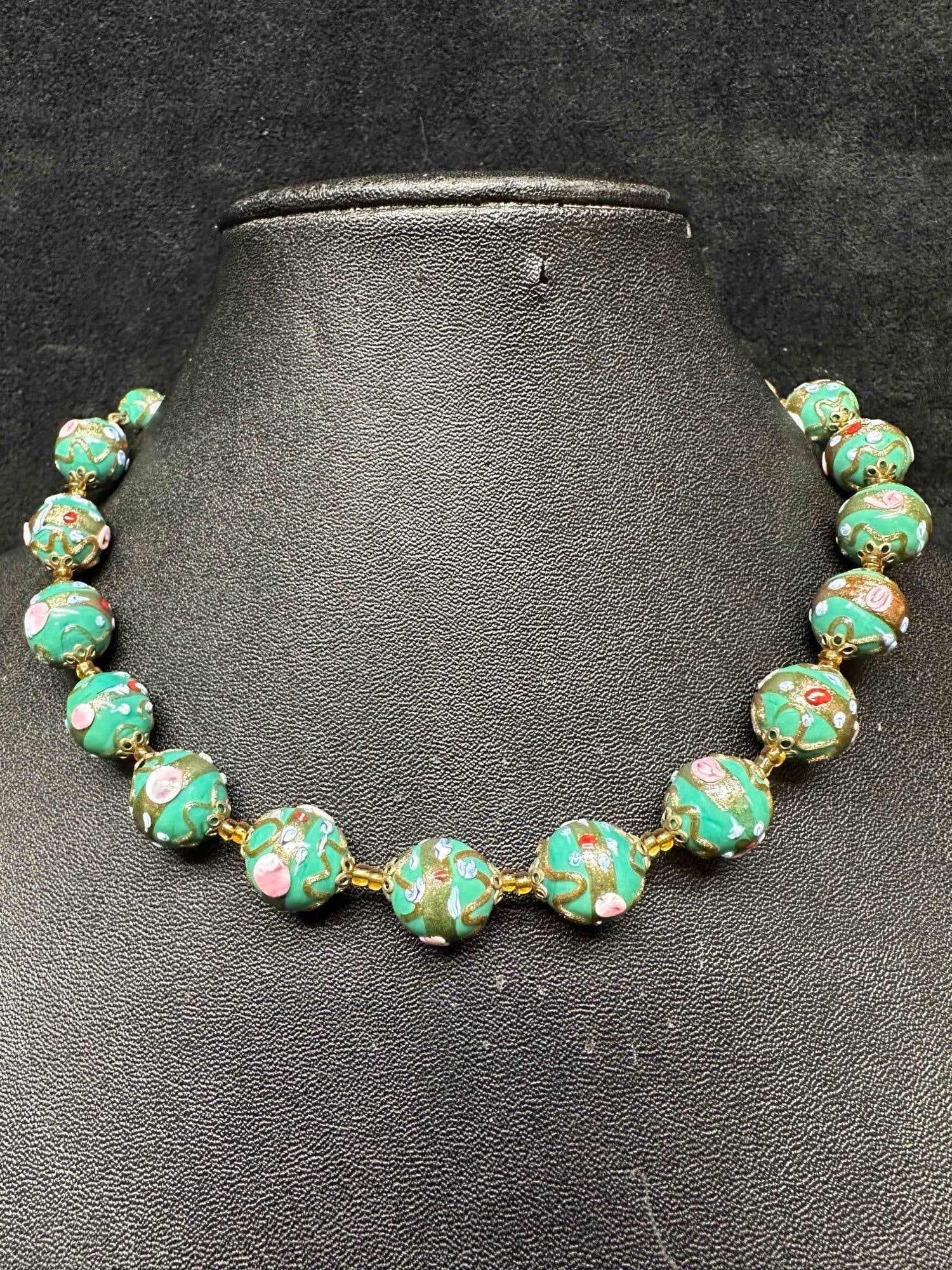 Murano Venetian Lamp Work Art Glass Floral Green Beaded Necklace F15 (1 of 8)