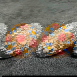 Murano Venetian Lamp Work Art Glass White Copper Accents Blue Pink Floral Circle Bead Earrings F41: Murano Venetian Lamp Work Art Glass White Copper Accents Blue Pink Floral Circle Bead Earrings F41. Earrings with white glass beads with beautiful designs on each. The earrings feature pink floral and