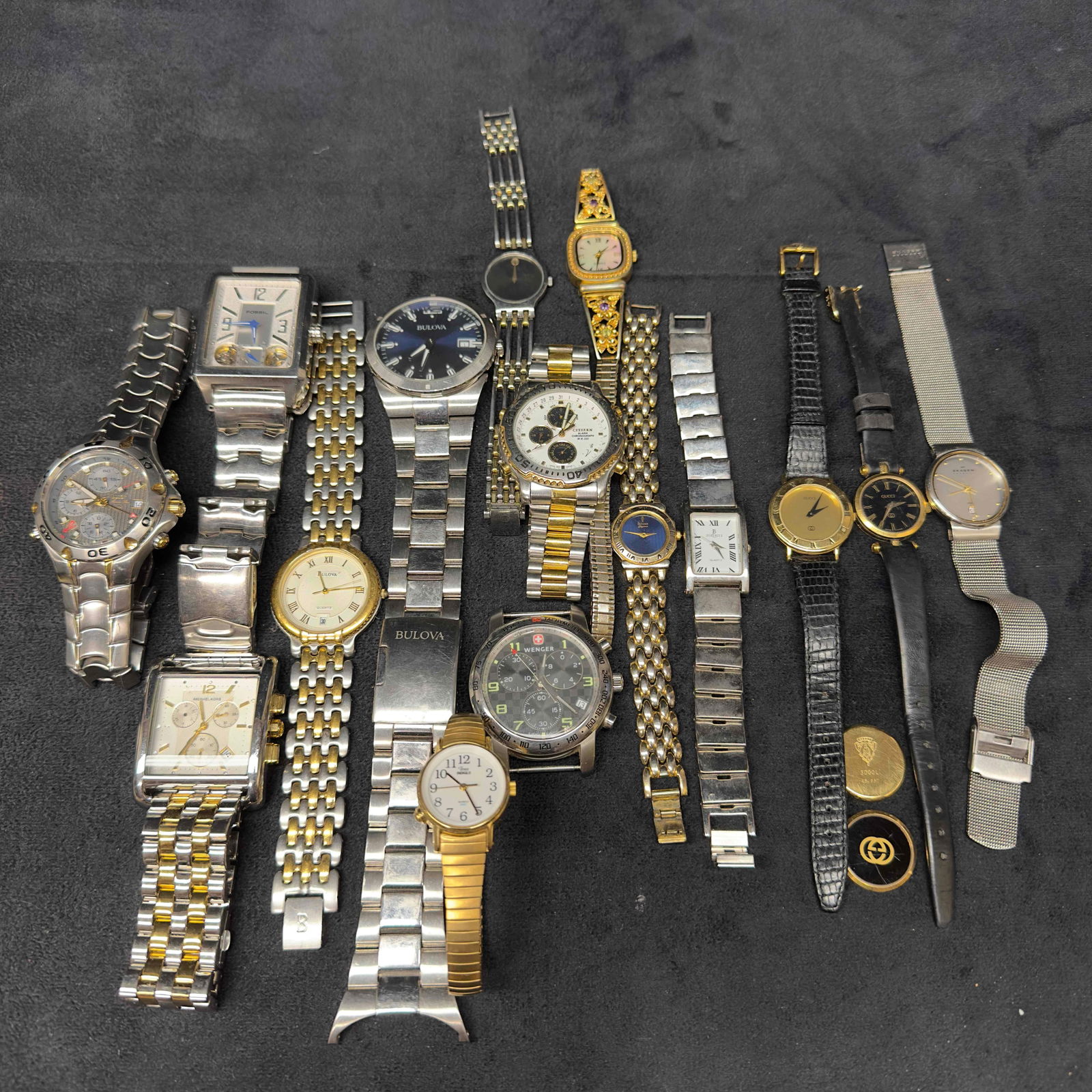 Gucci Bulova Wenger Movado Fossil Citizen Jewelry Watch Set Lot of Fifteen Unisex Watches: Gucci Bulova Wenger Movado Fossil Citizen Jewelry Watch Set Lot of Fifteen Unisex Watches. These watches included are broken, and in need of repair. Some of them are missing bezel back plate and some
