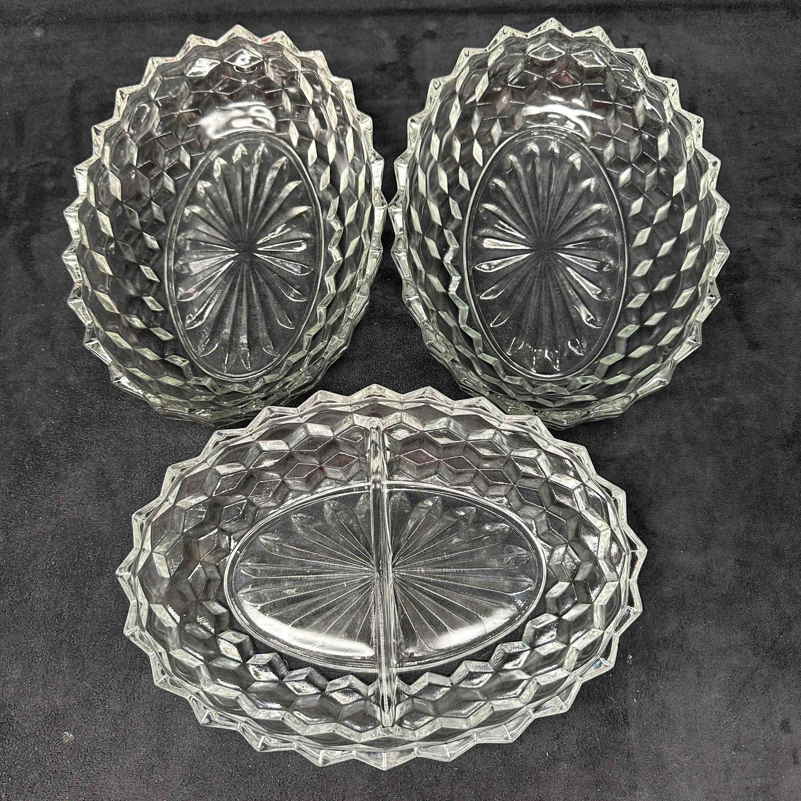 Fostoria American Glass Clear Cubist Oval Serving Divided Dish Bowl Set Lot of Three (1 of 9)