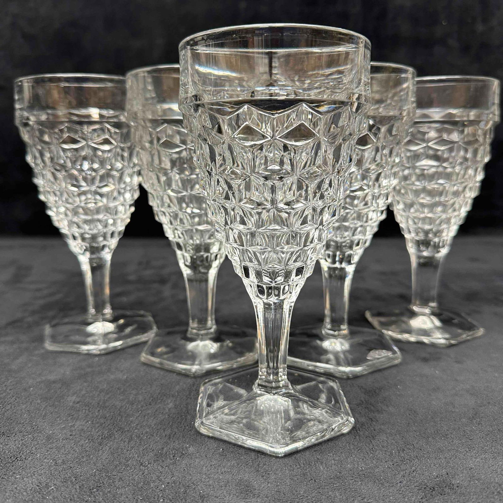 Fostoria American Cubist Glass Hex Footed Wine Water Glasses Goblet Set of Five B: No chips, cracks, or breaks in the glass. These items are in good pre-owned, previously displayed condition with light wear, and surface scratches. Please reference all photos for full details. Glass