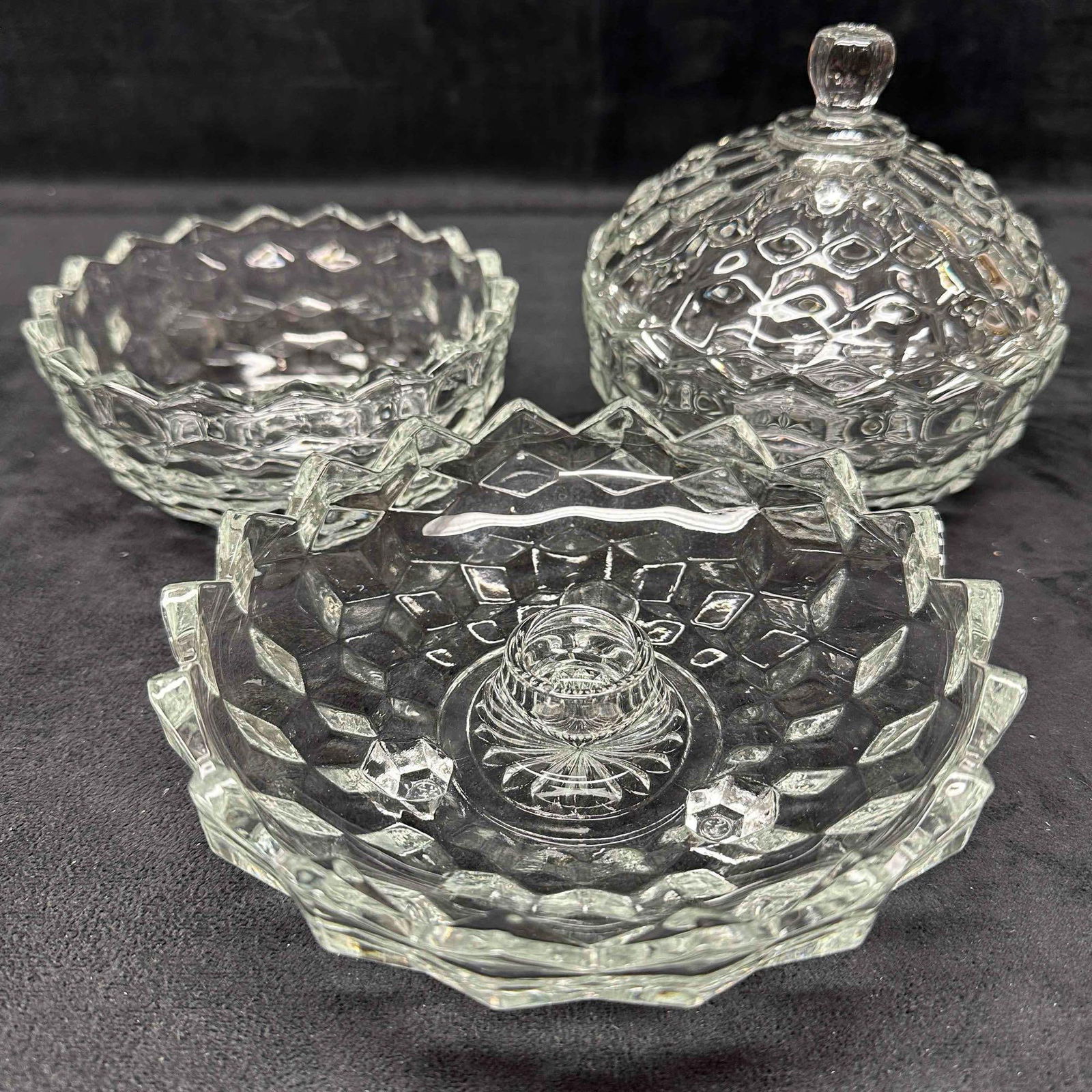 Fostoria American Glass Candy Dish with Lid and Footed Candle Dish Holder Set (1 of 8)
