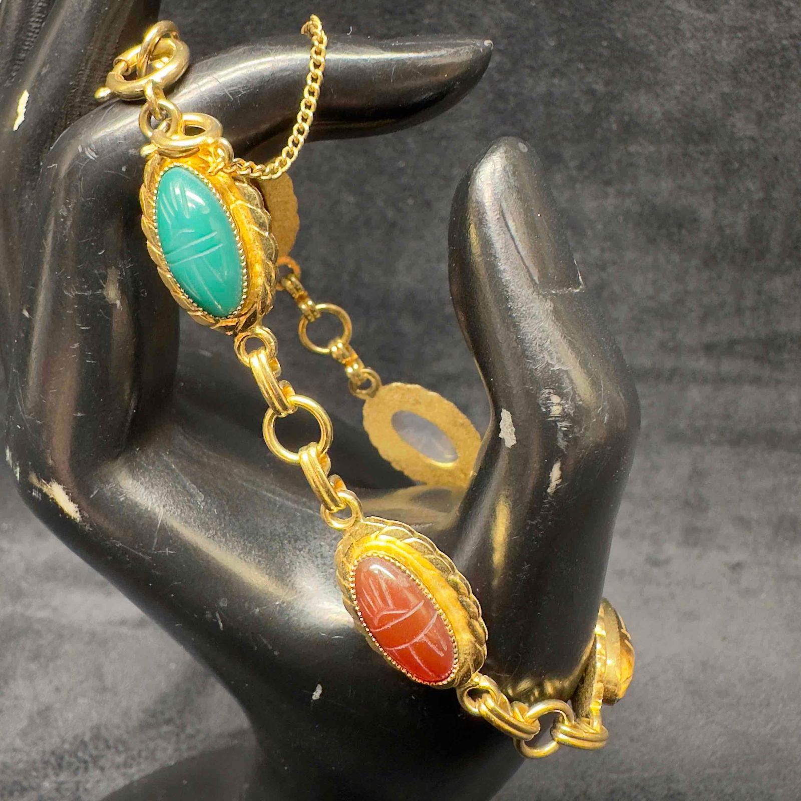 Winard 12K Gold Filled Five Egyptian Hieroglyphs Gemstones Scarab Beetle Bracelet (1 of 8)