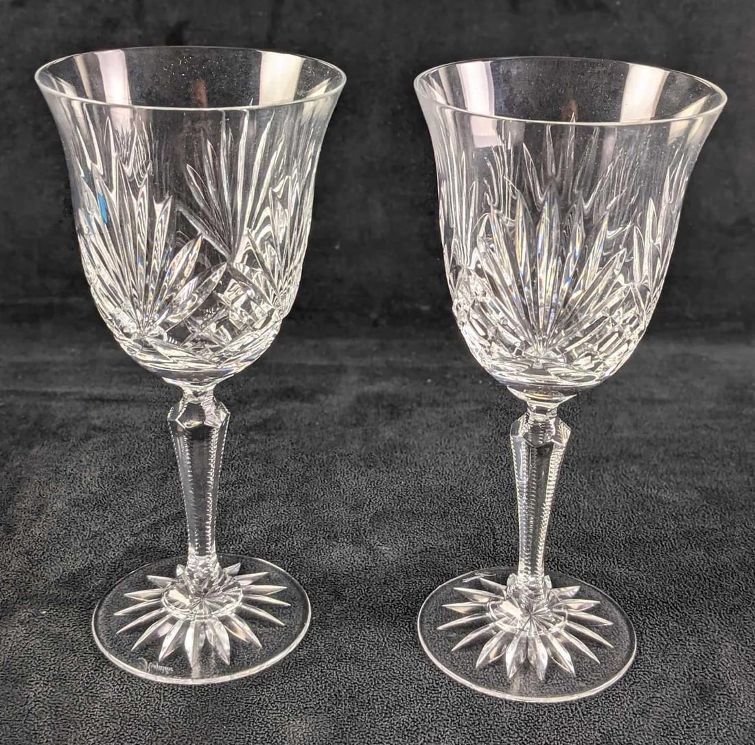 Two Rogaska Crystal Richmond Cut Water Goblets: Two Richmond Cut Water Goblets By Rogaska Crystal. The goblets are approx 3 3/4" x 3 3/4" x 8" and together they weigh 1.17lb. Both water goblets are in a good, used condition with light wea