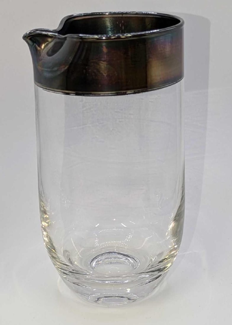 Vintage Silver Rimmed Cocktail Pitcher By Dorothy Thorpe: Vintage Silver Rimmed Cocktail Pitcher By Dorothy Thorpe. This is approx 3 1/2" x 3 1/2" x 6 1/4" and it weighs 0.75lb. The pitcher has no chips or cracks.