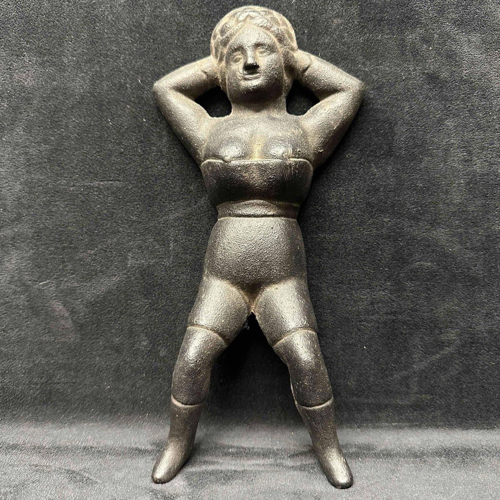 Antique Cast Iron Black Boot Naughty Nellie Shoe Remover Puller Door Stop Naked Lady: Vintage shoe/boot remover made of cast iron representing a partially naked woman. This item is in good pre-owned, previously displayed condition with light wear, and surface scratches. Please referenc