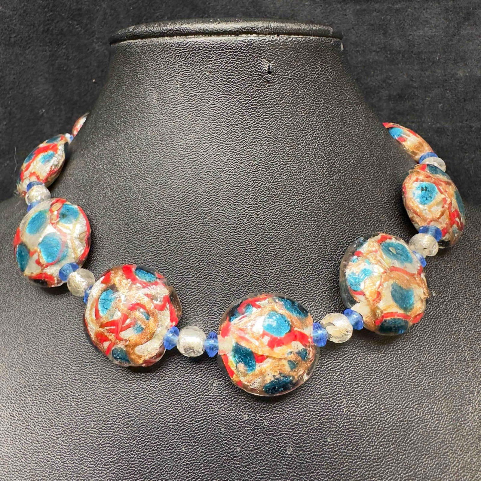 Venetian Murano Lamp Work Art Glass Red Blue Silver Bead Circle Beaded Necklace C50 (1 of 7)