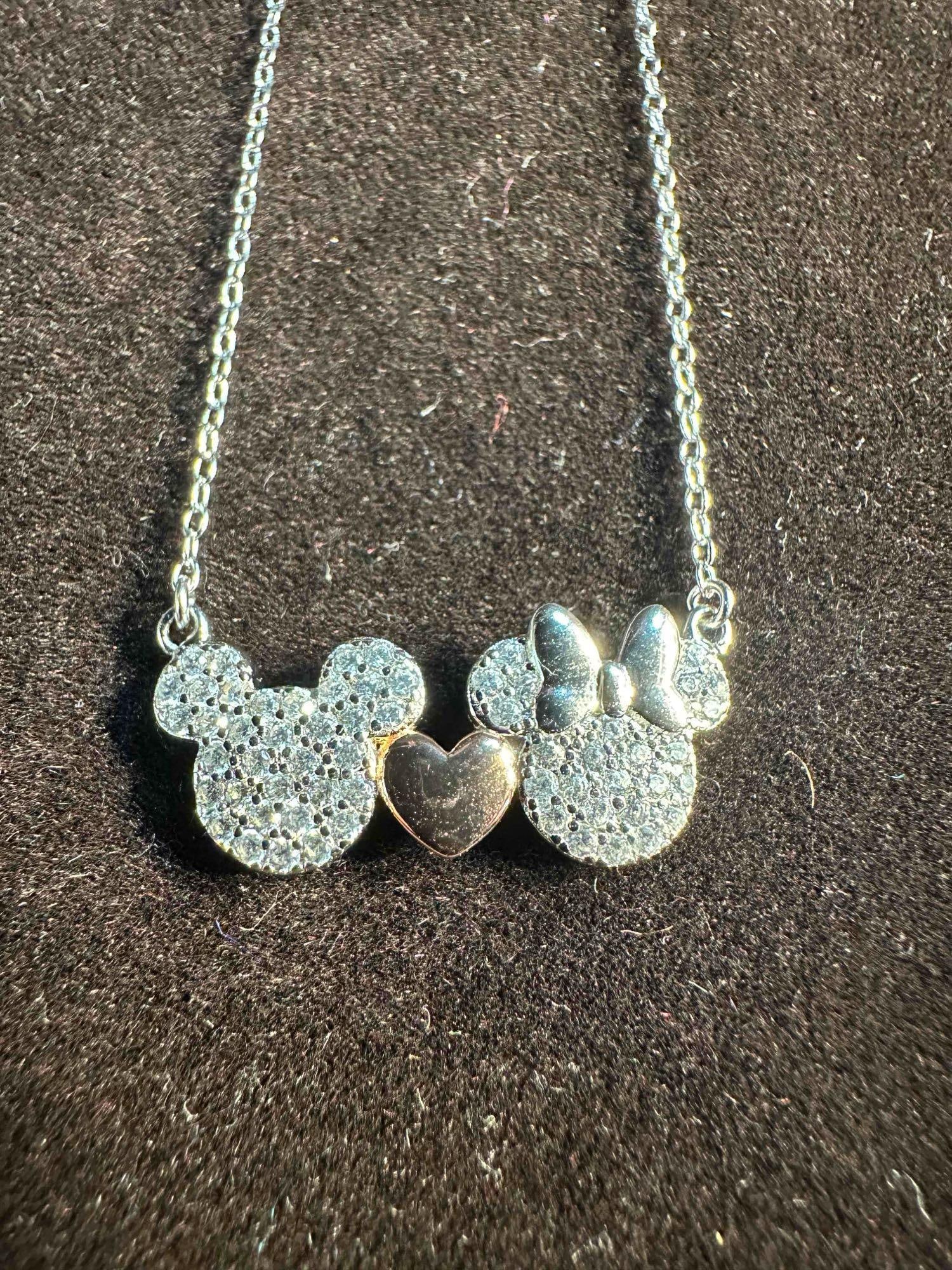 Disney Mickey and Minnie Mouse Sterling Silver Two Tone Cubic Zirconia Necklace with Rose Gold Heart (1 of 9)