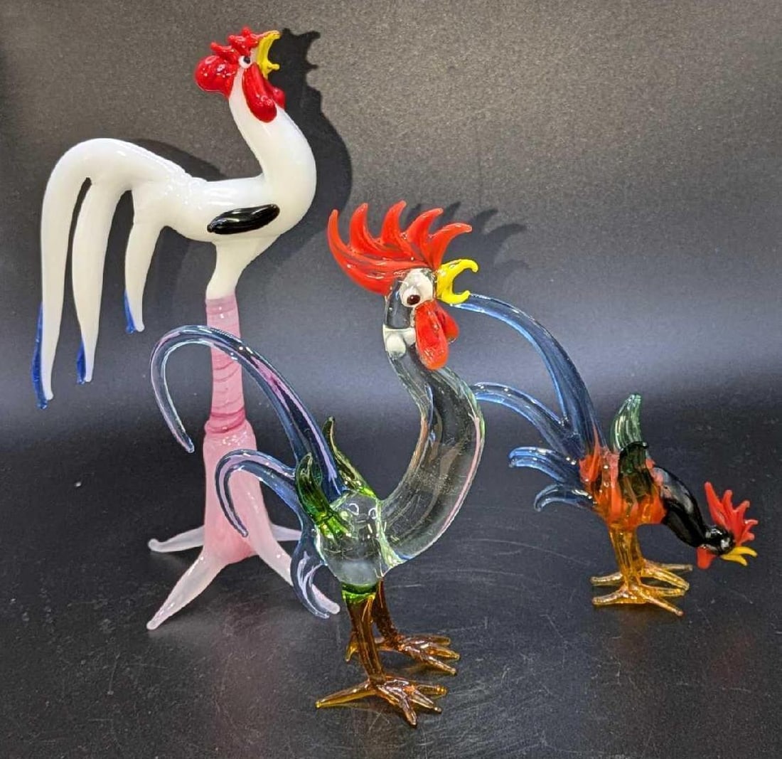 3 Hand Blown Colorful Glass Roosters Figurines (1 of 7)