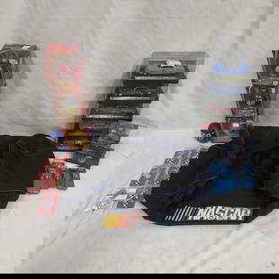 NASCAR Pins Bag Die Cast Cars Ornaments Toys Set Nascar collectibles Lot of 22: NASCAR Pins Bag Die Cast Cars Ornaments Toys Set Nascar collectibles Lot of 22. These collection of various NASCAR souvenirs including die cast cars, a bag, trading card, pins, toys, and ornaments. So