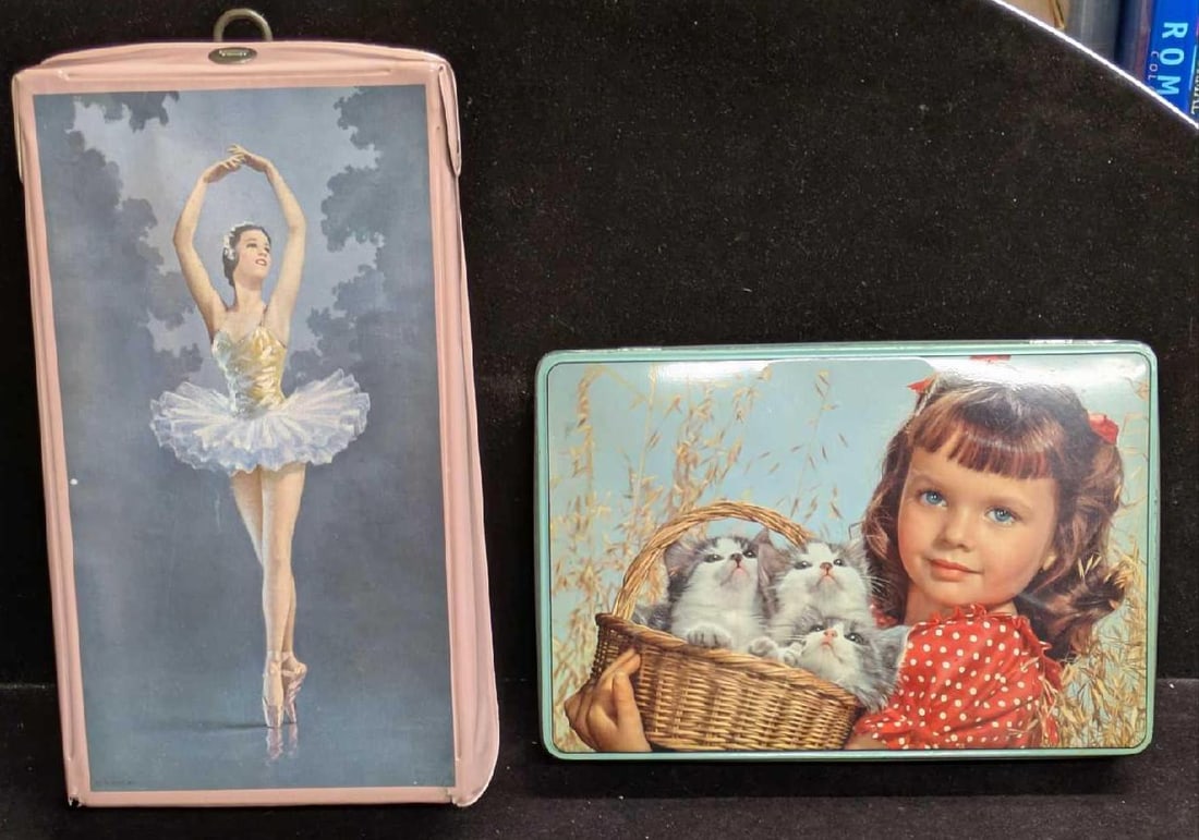 Vintage Little Girl With Kittens Tin And Ballet Dancer Carrying Case: Vintage Little Girl With Kittens Tin And Ballet Dancer Carrying Case. This lot includes: (1) Made In Belgium Little Girl With A Basket Of Kittens Tin. This is approx 10" x 6 3/4" x 2". The