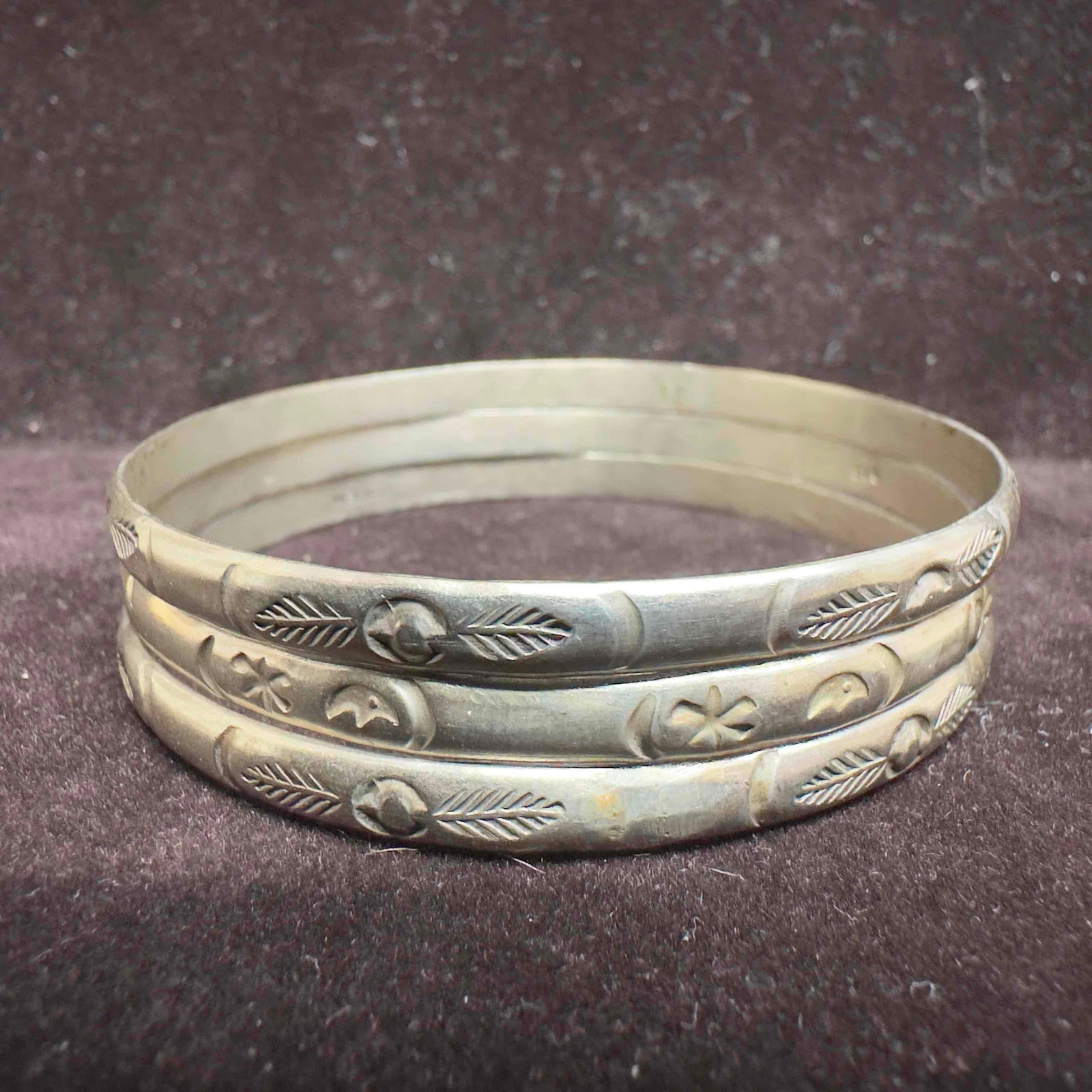 Mexico 925 Sterling Bangle Bracelet Set of Three Floral Leaf Motif C80 (1 of 8)