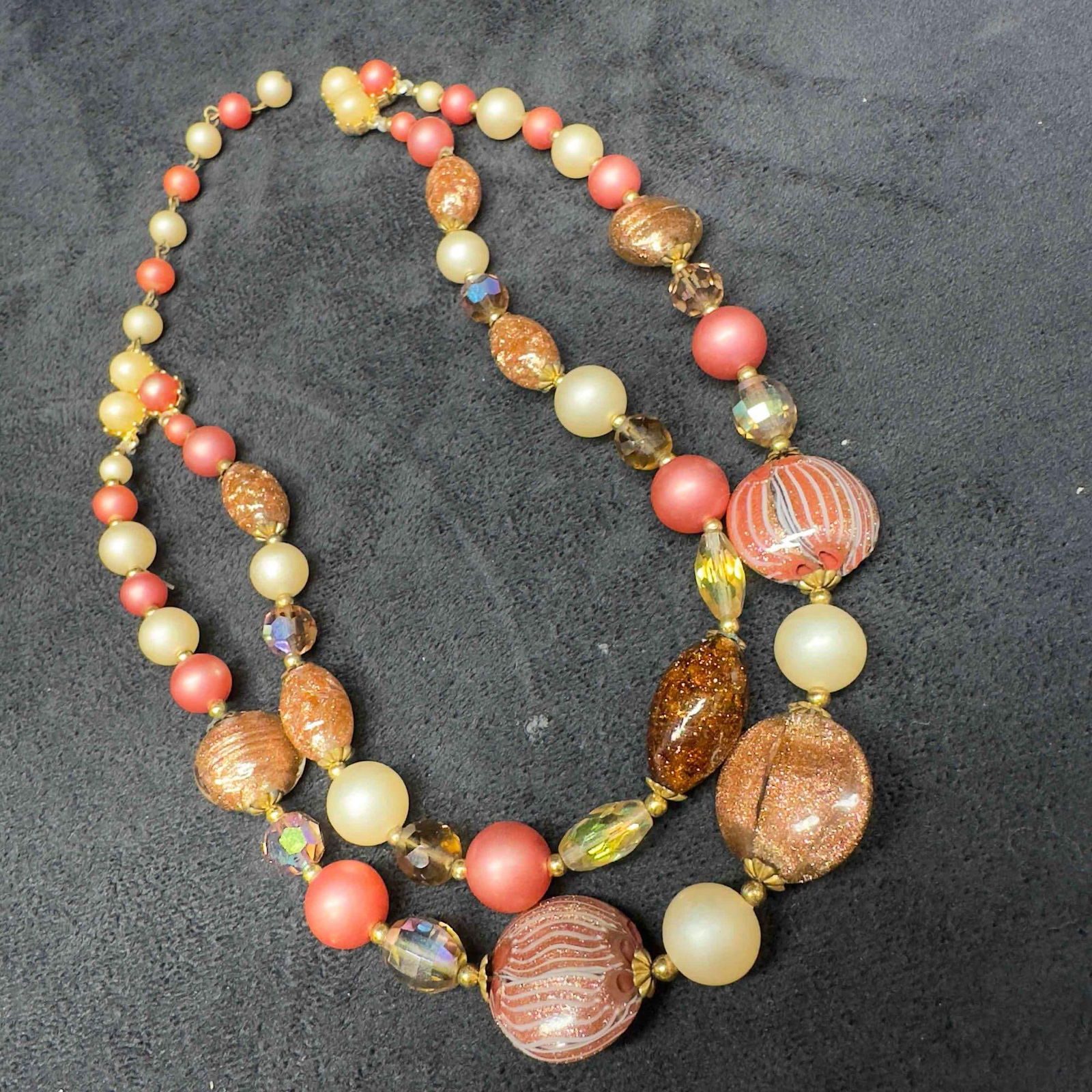 Murano Venetian Lamp Work Art Glass Double Layered Beaded Copper Accents Necklace Broken G13 (1 of 9)