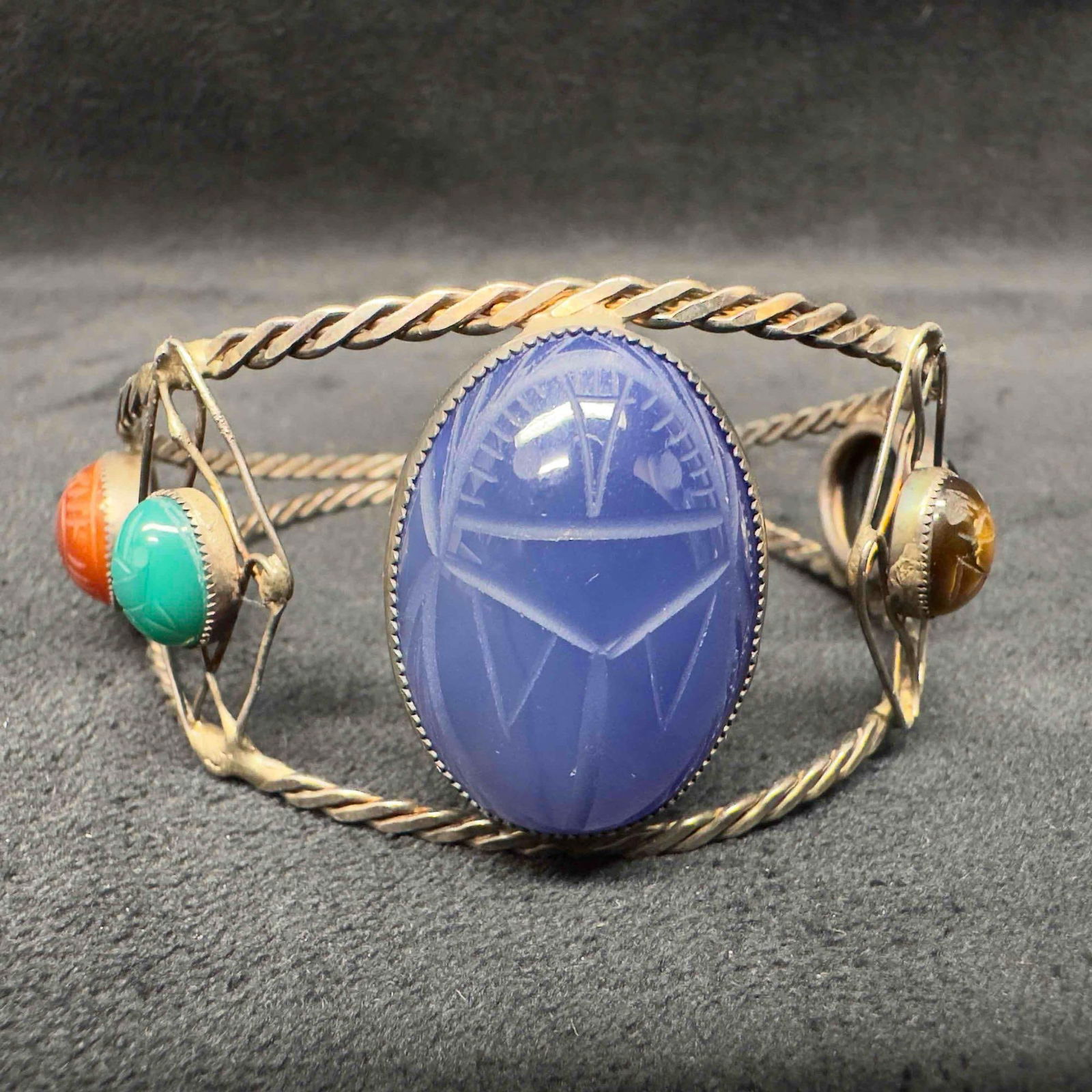Scarab Beetle Egyptian Hieroglyphs Five Gemstones Small Medium Large Sterling Silver Bracelet (1 of 10)