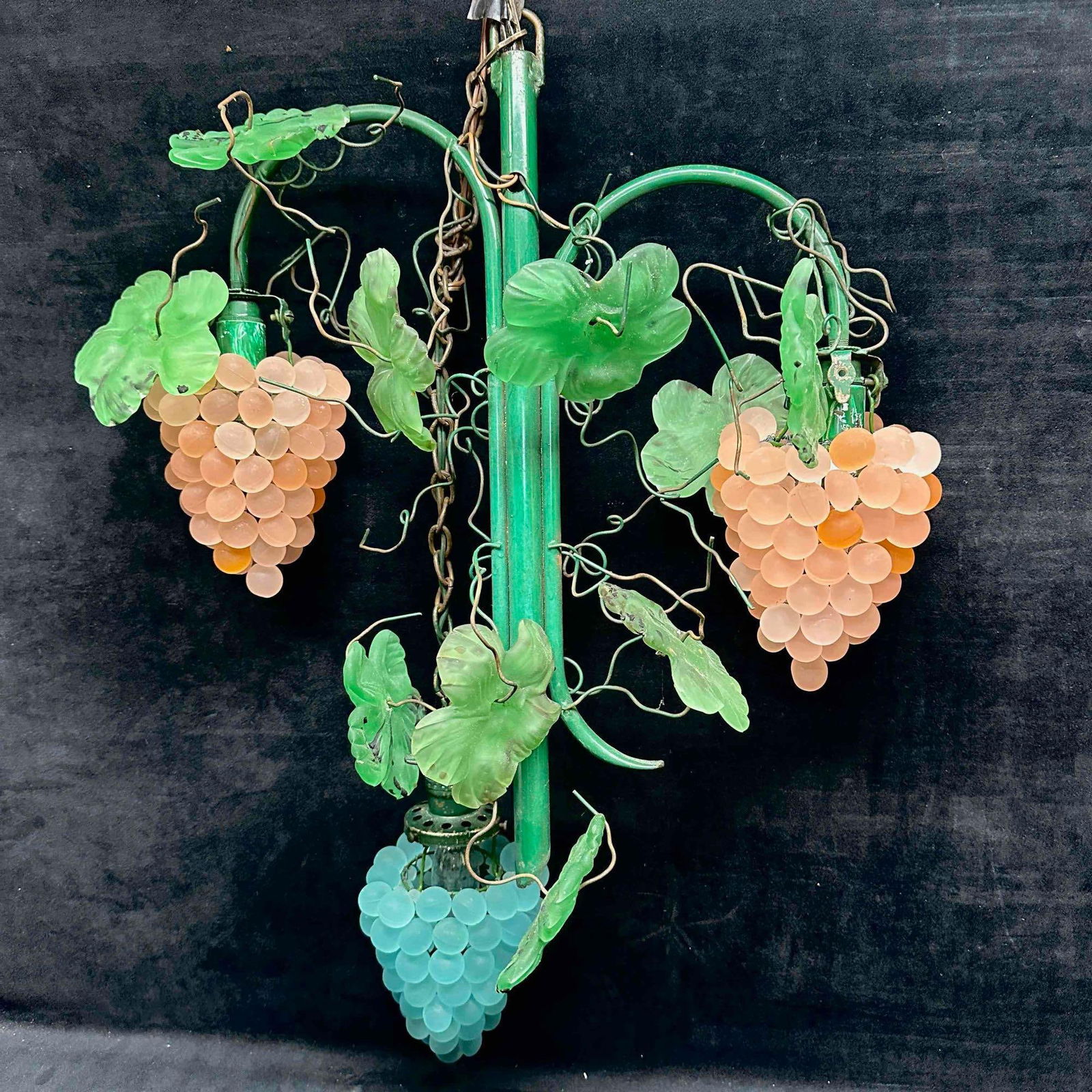 French Style Pate de Verre Grapevine Chandelier Lamp Light Fixture Grape and Leaf Glass Art (1 of 9)