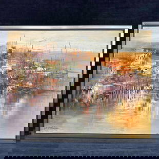 Abstract Urban Landscape Painting Warm Color Palette JB: This artwork is a abstract oil painting with a warm color palette of oranges, browns, and whites. The style appears to be reminiscent of mid-century modern art. The artist&#39;s signature is visible i