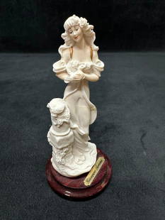 Giuseppe Armani Lady with Bird Figurine R154: Charming Giuseppe Armani figurine from 1994 Florence, featuring a lady in a flowing gown holding a bird, with a column and floral accents at her side. White and ivory tones with delicate golden detail