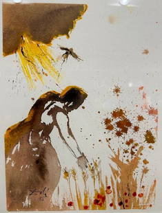 Thy Will Be Done By Salvador Dali: Salvador Dali lithograph titled "Thy Will Be Done, On Earth As" from the 1966 Paternoster Suite, depicting a woman in a field under divine light, blending spiritual and natural themes. Printed on wove