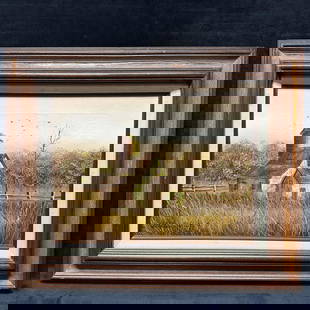 William Newport Original Oil on Canvas Rustic Farmhouse Barn Framed Artwork Painting R145: The painting portrays a charming, weathered farmhouse nestled amidst a field of tall, golden grass. The structure features a cylindrical silo, a sloping roof, and several windows, all rendered in warm