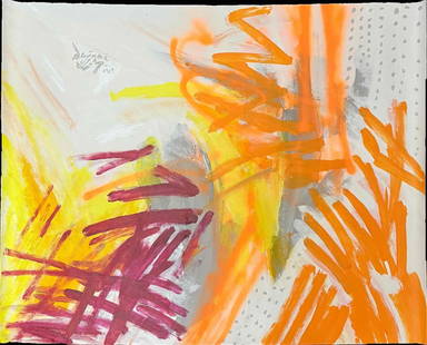 Original Acrylic Paint And Spray Paint On Canvas IMPROVISATION ORANGE YELLOW MAGENTA by BENJAMIN L.M: This lot contains a Original Acrylic Paint &amp; Spray Paint On Canvas, Improvisation Orange Yellow Magenta by Benjamin L.M. 2024.   Benjamin L.M. is from Adelaide, Australia, and is now based in New
