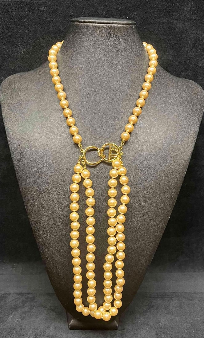 KJL Kenneth Jay Lane Triple Strand Faux Pearl Gold Tone Necklace With Logo Clasp (1 of 7)