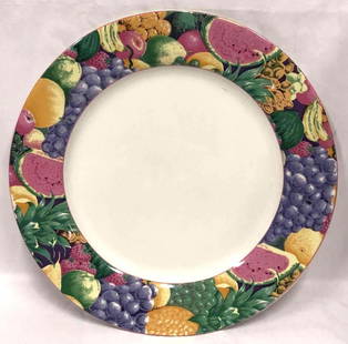 Vineyard Riviera Van Beers Plate With Fruit Design By Signature Housewares Incorporated: This lot contains a Vineyard Rivera Van Beers Plate with a fruit design around the edges by Signature House wares Incorporated. This plate was made in Indonesia and is dishwasher, microwave and oven s