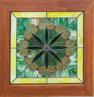 F25 Vintage Large Stained Glass Window With Frame: Vintage Large Stained Glass Window With Frame. It was initially mounted on a wall. The framed stained glass window is approx 35 3/4" x 1 3/4" x 37 1/2" and it weighs 30lbs. The stained glass without t