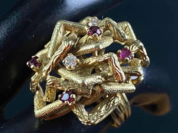 Vintage Art Deco Bamboo Style 14K Gold Diamond / Ruby Statement Ring