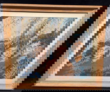 Framed Abstract Mixed Media Artwork: This lot contains a Framed Abstract Mixed Media Artwork. The piece has a surrealist feel to it as three siblings in their youth stand among musical fauns. The frame is approx 23" x 27" while the artwo