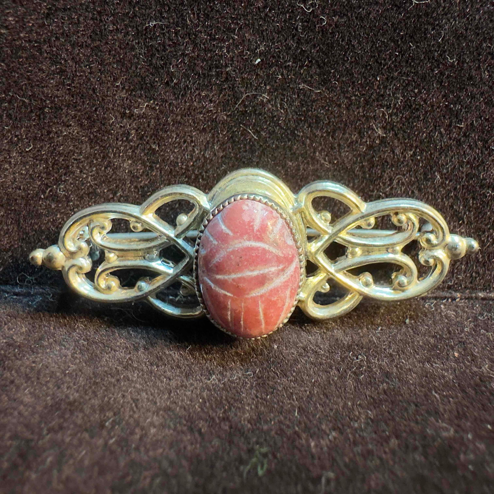 Sterling Silver Scarab Beetle Pink Gemstone Brooch: This item is in good pre-owned, previously displayed condition with light wear, and surface scratches. Please reference all photos for full details. This piece of jewelry has been tested and researche