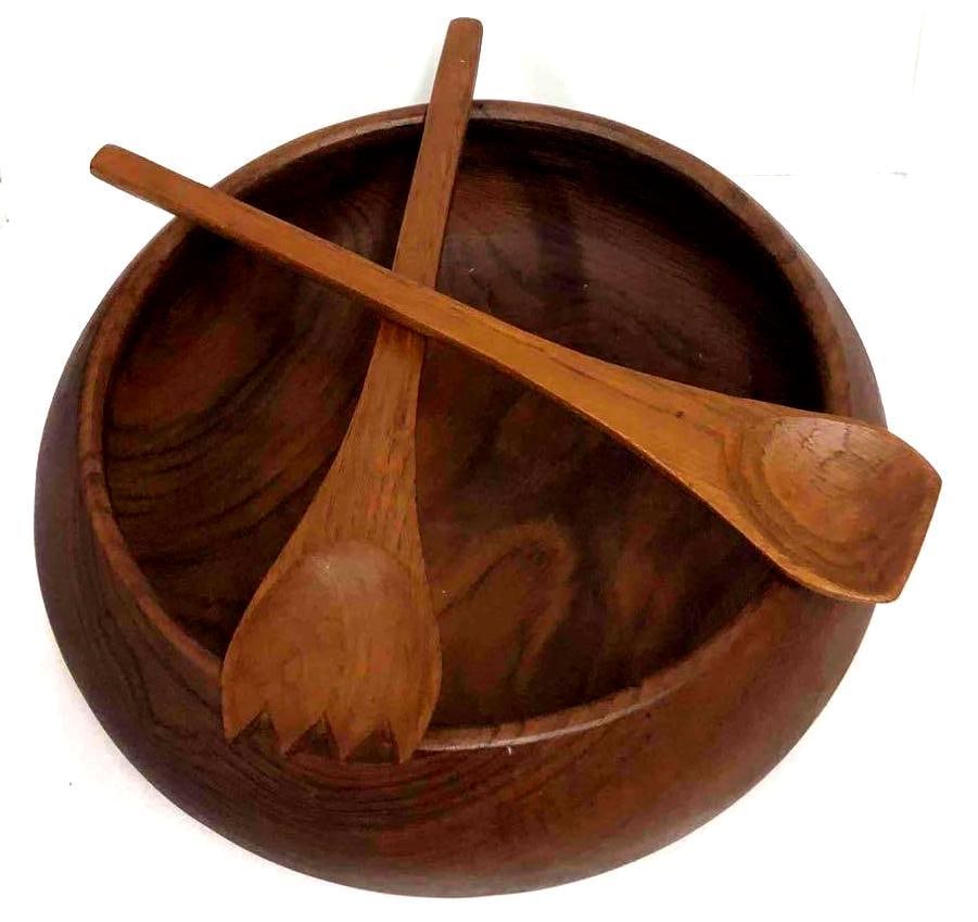 Vintage Solid Wood Large Serving Bowl & Pair Of Serving Utensils (1 of 5)