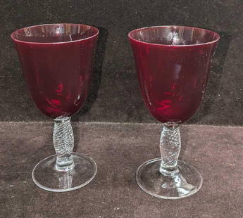 2 Vintage Ruby Red Twisted Stem Water Goblets: 2 Vintage Ruby Red Twisted Stem Water Goblets. By Fry Glass Co. Each is approx 3 1/2" x 3 1/2" x 6 1/2" and the total weight is 0.78lb. The glasses have no chips or cracks. Please see the images as th