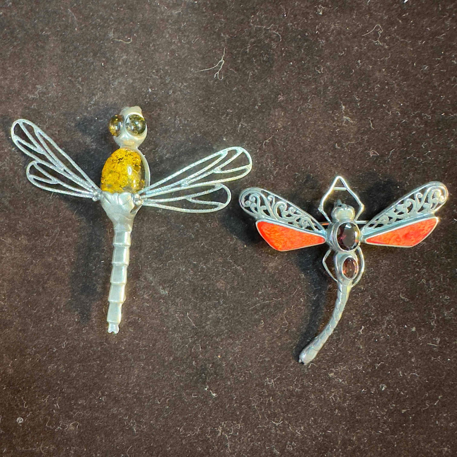 Dragonfly Garnet Yellow Stone Red Enamel Inlay Accents Sterling Silver Dragon Fly Brooch Set (1 of 12)