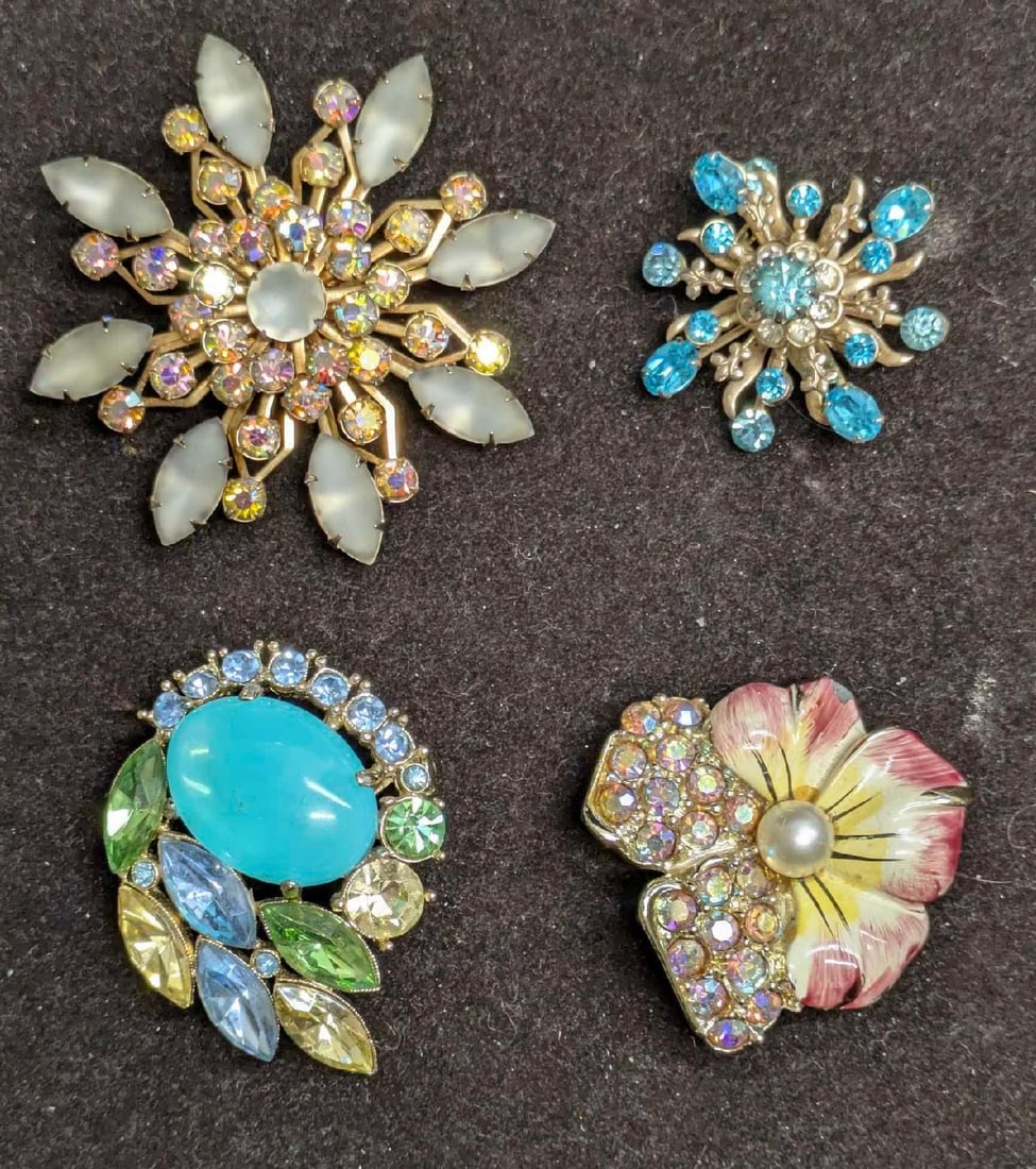 Vintage AB Crystal Rhinestone Flower Brooch Pin Lot Of 4 (1 of 6)