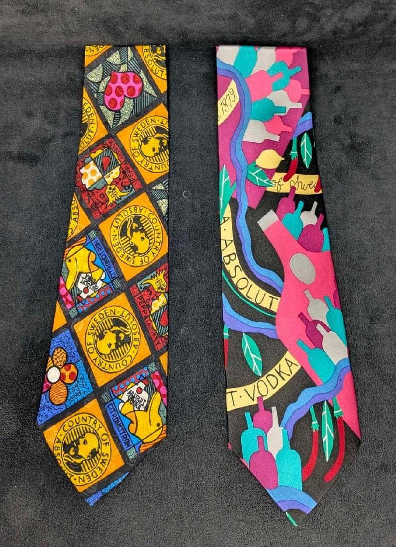 Absolut Vodka Romero Britto And Marcia G. Yerman Silk Ties: Absolut Vodka Romero Britto And Marcia G. Yerman Silk Ties. Rare ties come NIB. The packages are approx 16 1/2" x 4 1/2" and the total weight is 0.30lb. The Yerman package has some creases, bu