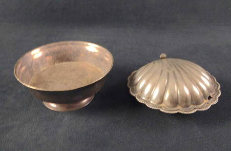 Silverplate Candy Dish And Caviar Dish: This lot includes:  (1) Silver-Plate Pedestal Bowl Candy Dish (Could be Victor). This is approx 5&#34; x 5&#34; x 2&#34;. Has some tarnish. (1) Silver-Plate Clam Shell Butter/Caviar Dish. This is appr