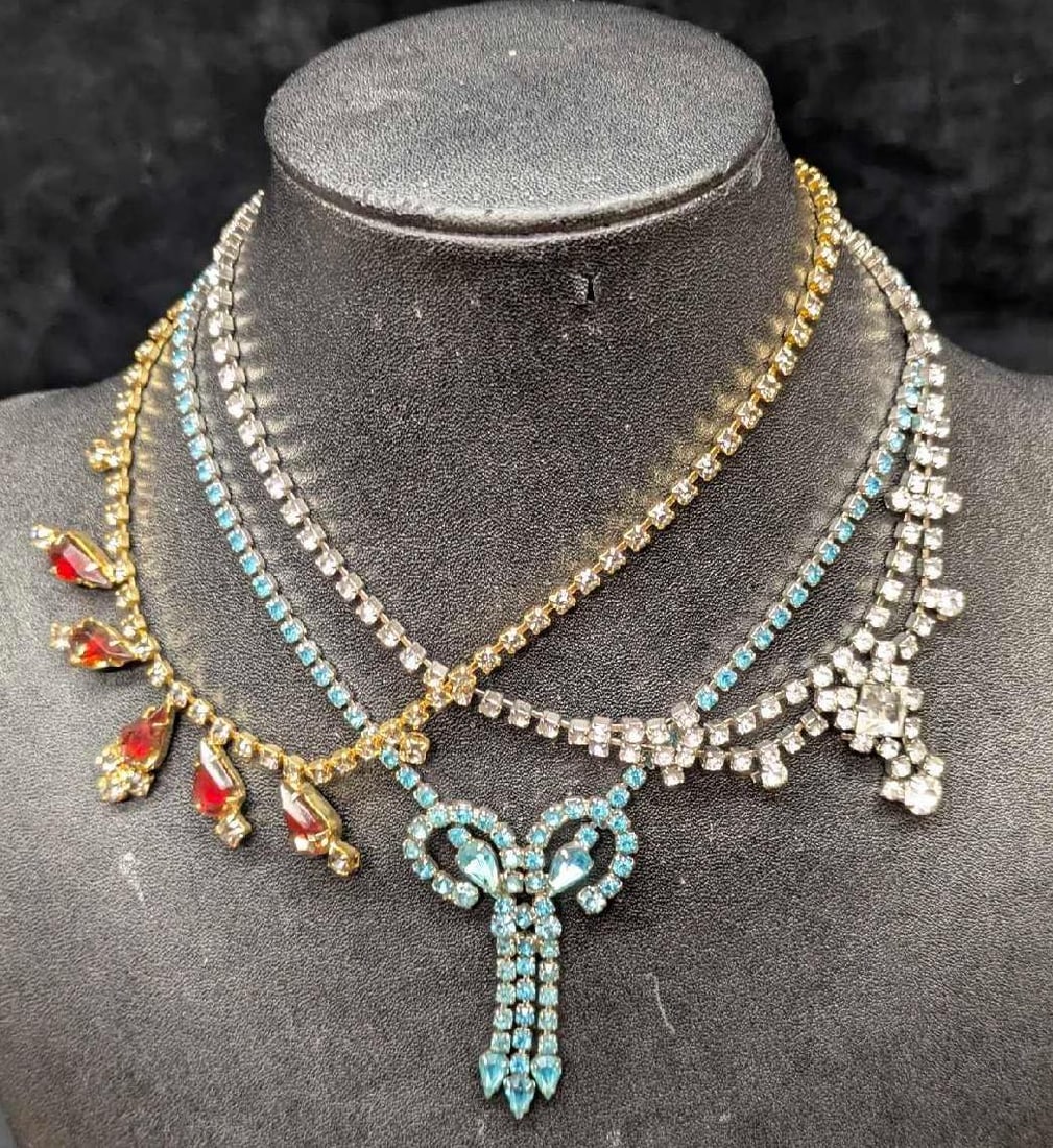 Vintage Unsigned Rhinestone Gold Silver Tone Necklace Lot Of 3 (1 of 13)