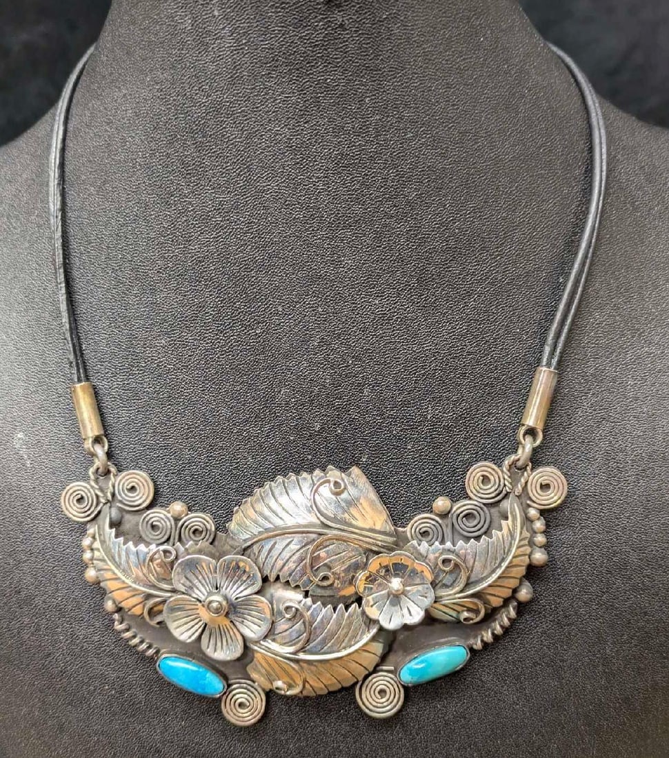 Vintage Sterling Silver Mexican CII Turquoise Large Pendant Necklace (1 of 10)