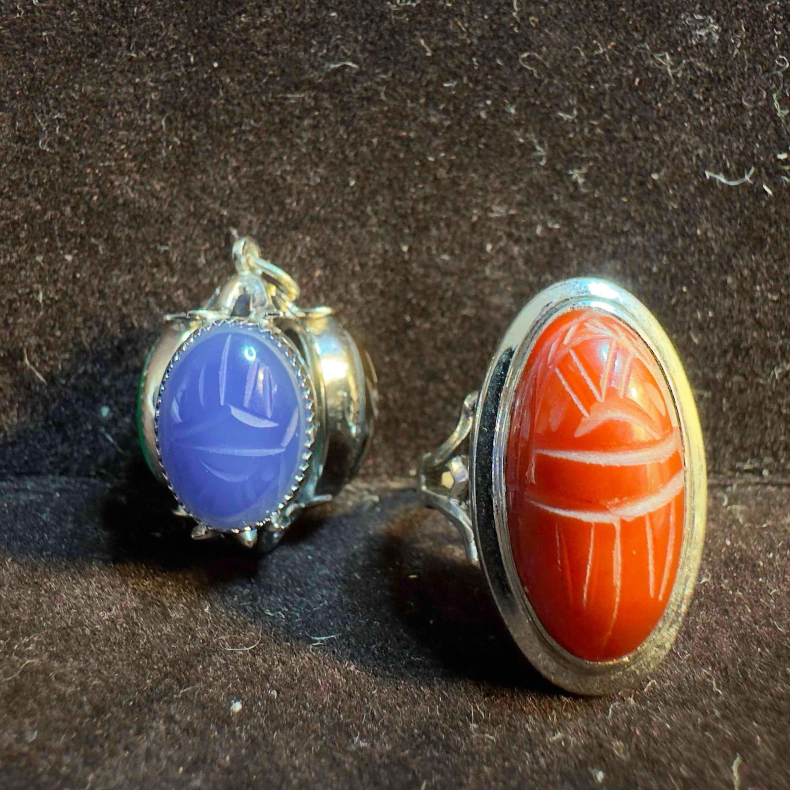 Egyptian Hieroglyphs Gemstones Scarab Beetle Sterling Silver Pendant and Ring Fine Jewelry Set (1 of 9)