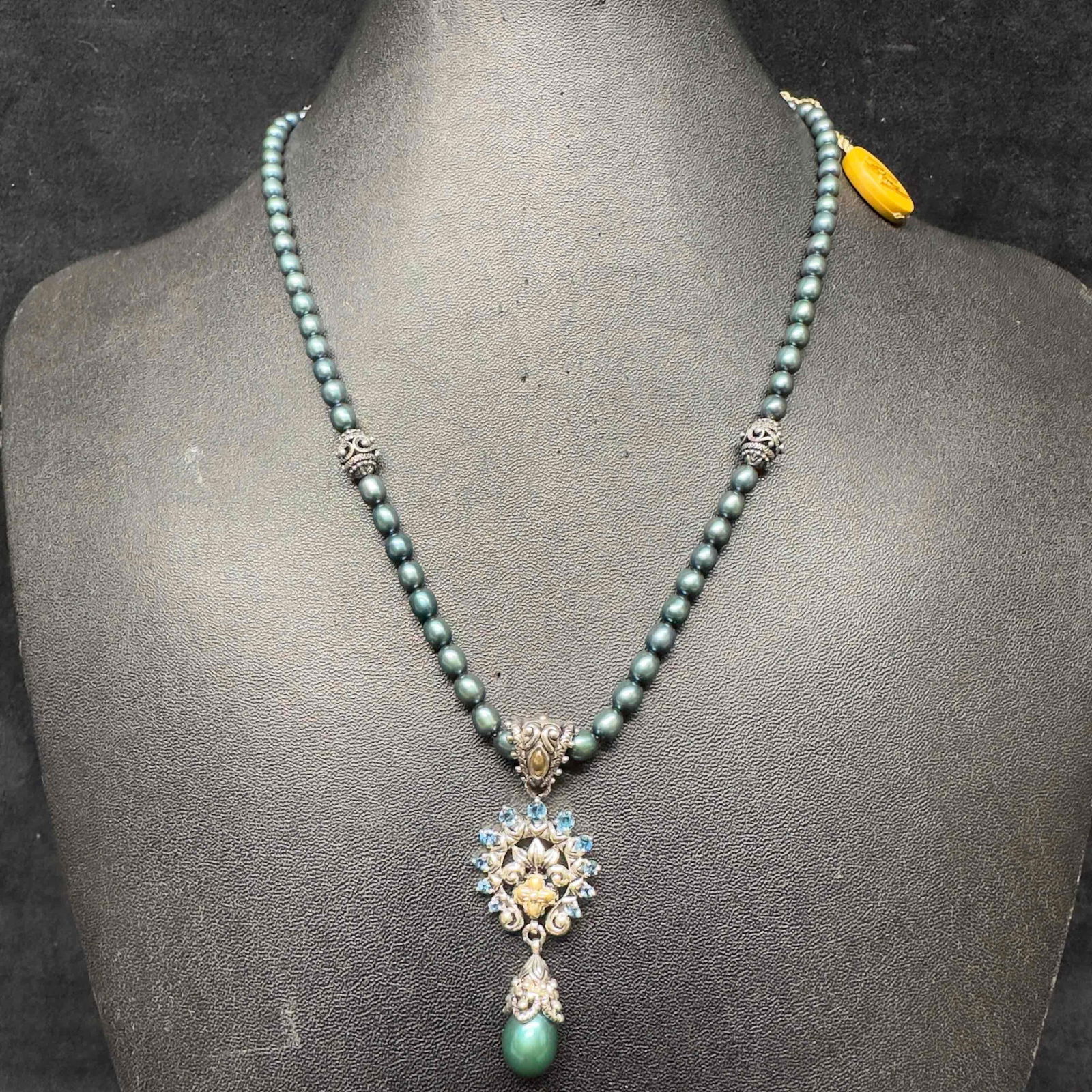 Barbara Bixby 18K Gold and Sterling Silver Teal Colored Pearl Necklace and Flower Enhancer Pendant (1 of 13)