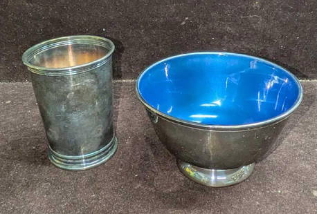 Towle Silversmith Bowl & Gorham Silver Plated Mint Julep Cup: Towle Silversmith Bowl & Gorham Silver Plated Mint Julep Cup. This lot includes: (1) Towle Silversmith Silver Plate And Blue Enamel Bowl. This is approx 5 1/8" x 5 1/8" x 3". There is