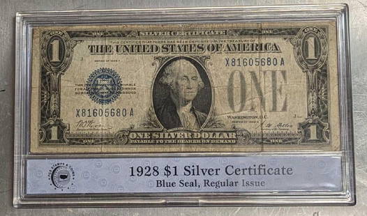 1928A $1 Silver Certificate, "Funnyback" Blue Seal VG: 1928A $1 Silver Certificate, "Funnyback" Blue Seal VG. Comes sealed in a acrylic "PCS Stamps & Coins" case. This is approx 6 3/4" x 1/4" x 4" and it weighs 0.23lb. X81605680A.