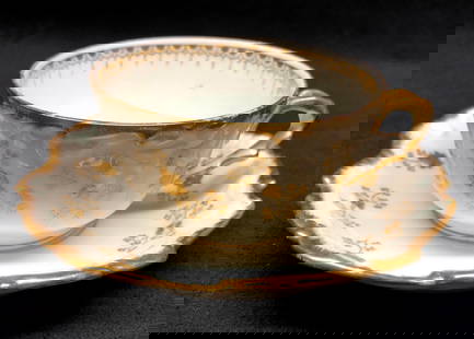 Fine China Tea Cup w Handle & Saucer - Elite Works - Higgins & Seiter - France - Gold Floral Accents: Fine China Tea Cup with Handle and Saucer - Elite Works Limoges France, Higgins &amp; Seiter New York - Made in France - White with Gold Floral Accents.  Tea Cup 4-1/4&#34; x 3-1/2&#34; x 2&#34; Sauce